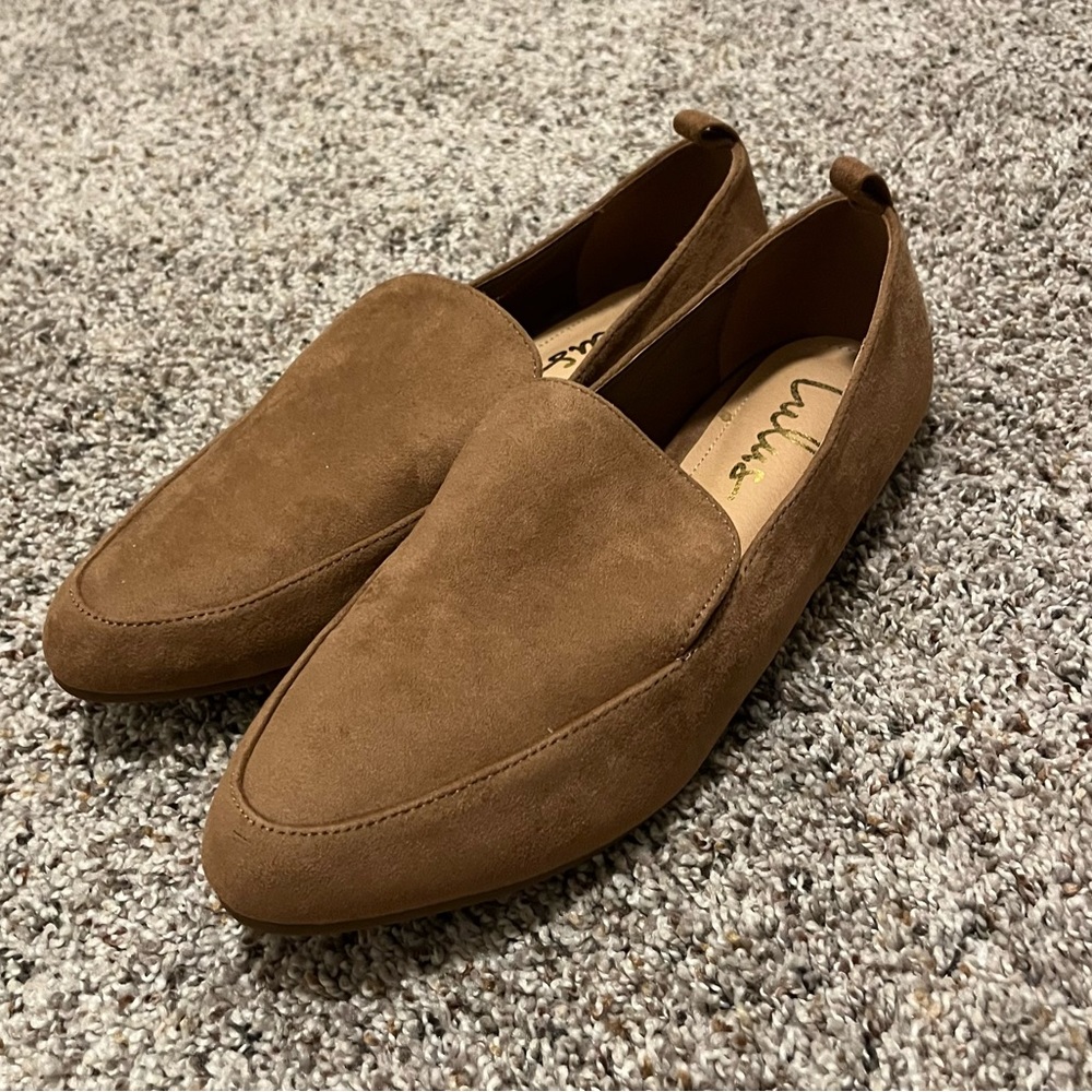 LULUS Women's Emmy Camel Brown Vegan Suede Pointed Toe Loafers US Size 8